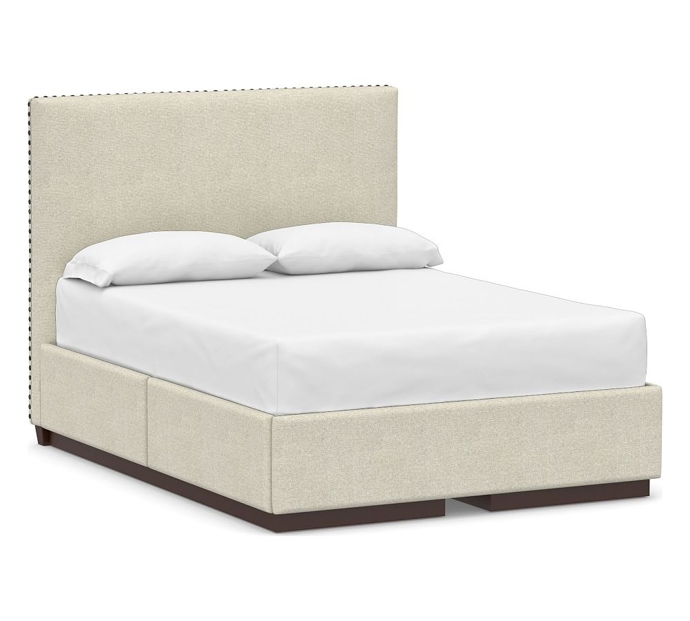 Raleigh Square Upholstered Tall Headboard and Side Storage Platform Bed & Bronze Nailheads, King, Performance Heathered Basketweave Alabaster White - Image 0