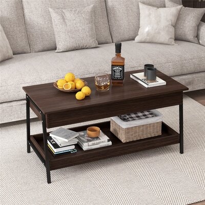 Lift Top Coffee Table With Storage Shelves And Hidden Compartment For Living Room Office, Pop-up Storage And Metal Frame, Espresso - Image 0
