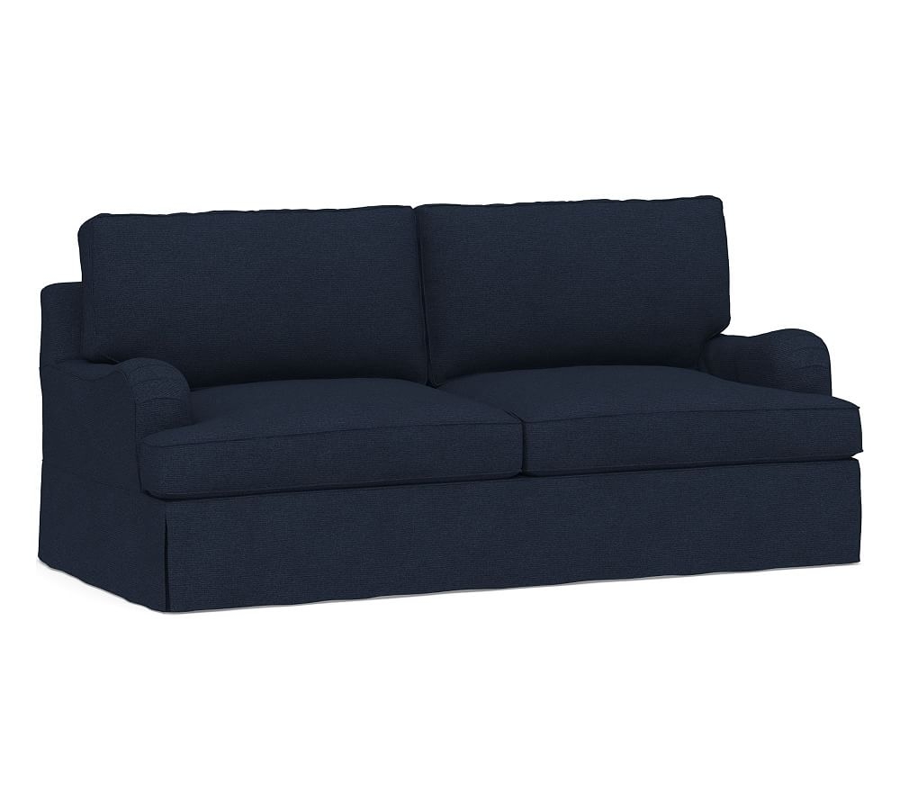 PB English Arm Slipcovered Sofa 80.5", Down Blend Wrapped Cushions, Performance Heathered Basketweave Navy - Image 0