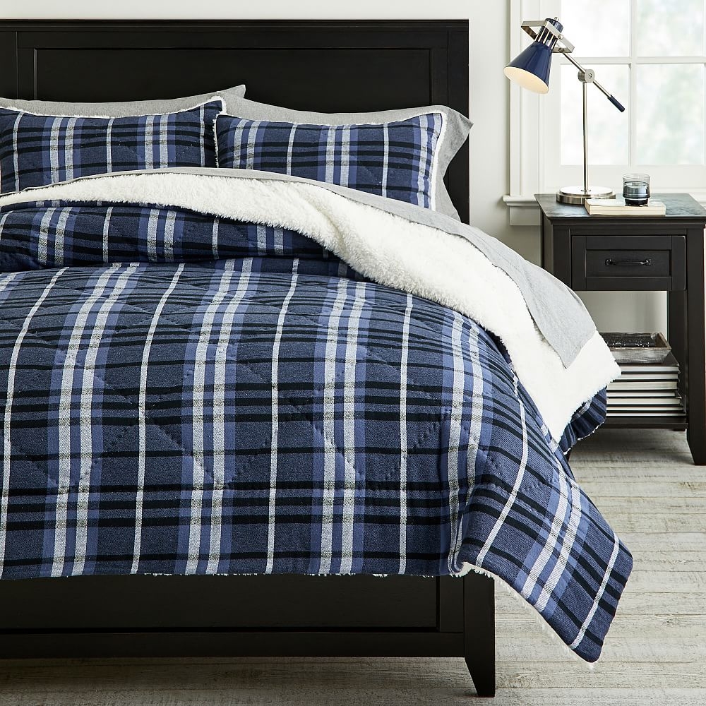 Basin Plaid Sherpa Comforter, Full/Queen, Navy Multi - Image 0