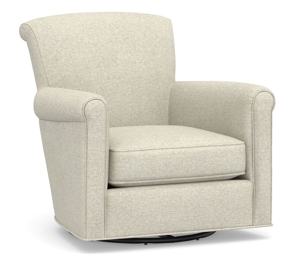 Irving Roll Arm Upholstered Swivel Glider, Polyester Wrapped Cushions, Performance Heathered Basketweave Alabaster White - Image 0