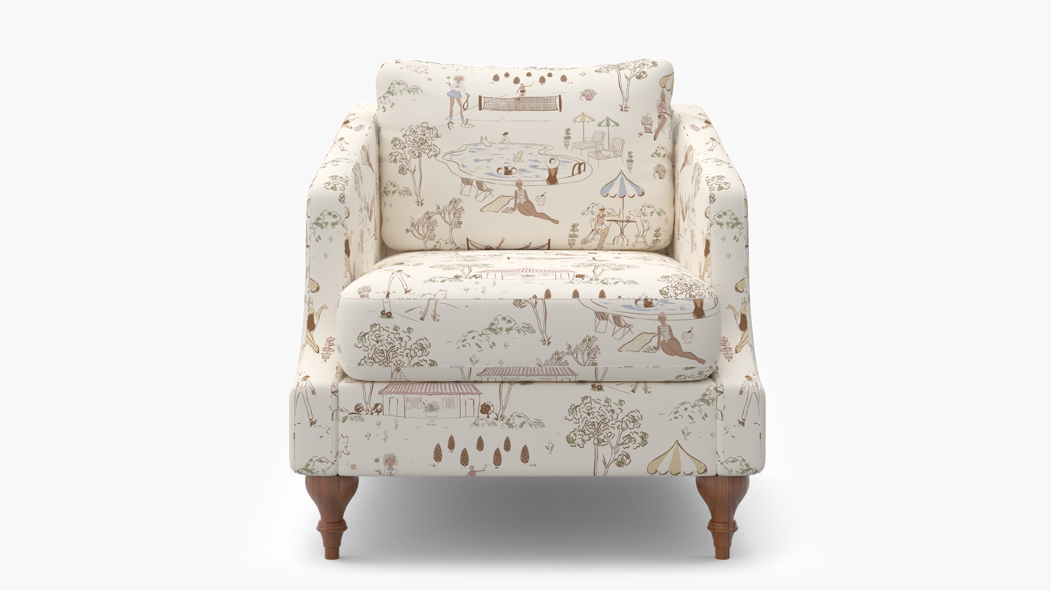 Slope Arm Chair, Multi Country Club Toile, Walnut Turned Wood Leg - Image 0