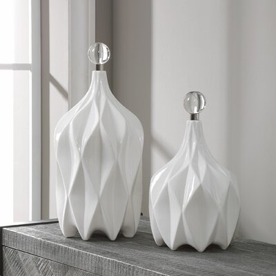 2 Piece Pettey White Ceramic Decorative Bottles Set - Image 0