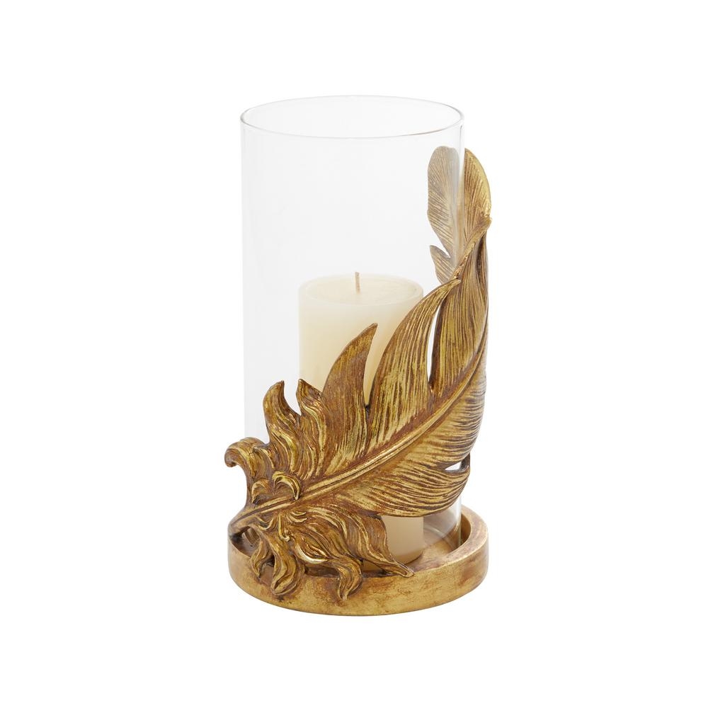 Litton Lane Large Metallic Gold Feather Candle Holder with Hurricane Glass - Image 0