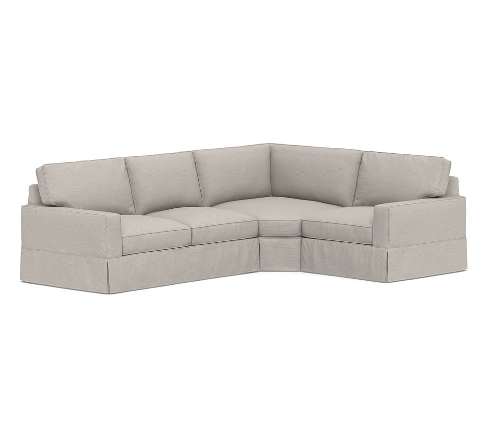 PB Comfort Square Arm Slipcovered Left Arm 3-Piece Wedge Sectional, Box Edge, Down Blend Wrapped Cushions, Chunky Basketweave Stone - Image 0