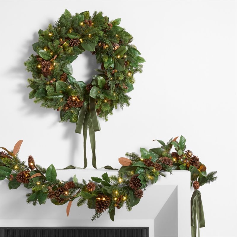 Faux Magnolia and Pinecone Pre-Lit Holiday Wreath 28" - Image 4
