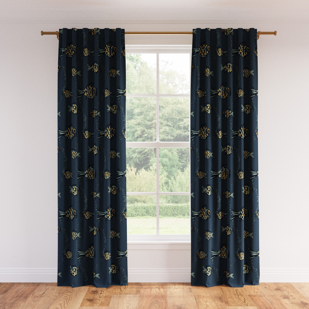 Printed Linen Curtain, Indigo Sakana, 50" x 96", Unlined - Image 0