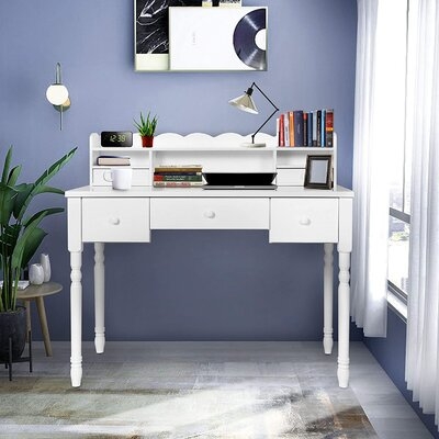 White Writing Desk With Detachable Hutch& 5 Drawers,Modern Computer Workstation For Home Office,Vanity Table - Image 0
