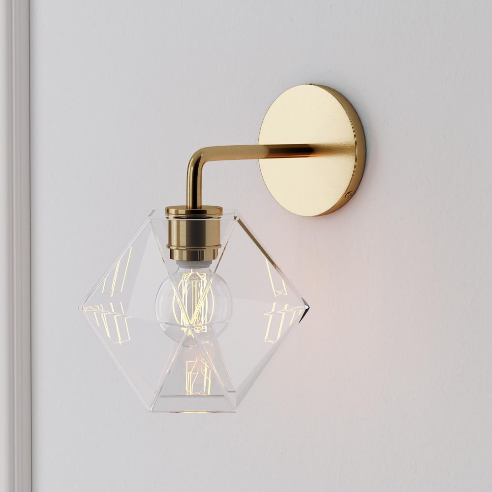 Sculptural Sconce, Faceted Mini, Clear, Antique Brass, 4" 5.5" - Image 0