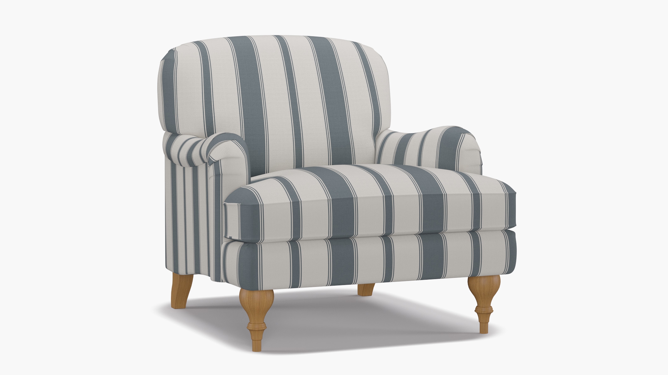 English Roll Arm Chair, French Blue Clarence Stripe, Natural Turned Wood Leg - Image 1