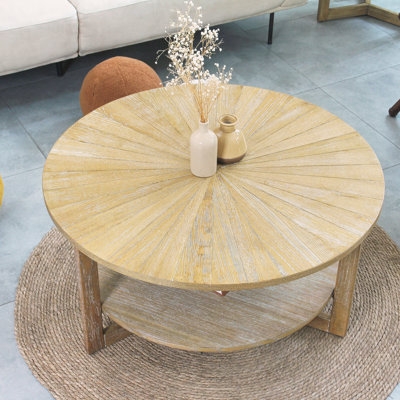 Solid Wood Round Modern Tea Table, Wooden Coffee Table, Round Center Table In The Living Room, Chess And Card Game Table, Oak Table Legs, 35 '''' X 35 '''' X 18 '''', Natural Wood Surface. - Image 0