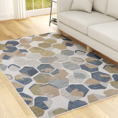 Low Pile Abstract Kaleidoscope Rug, Navy And Cream - Image 0