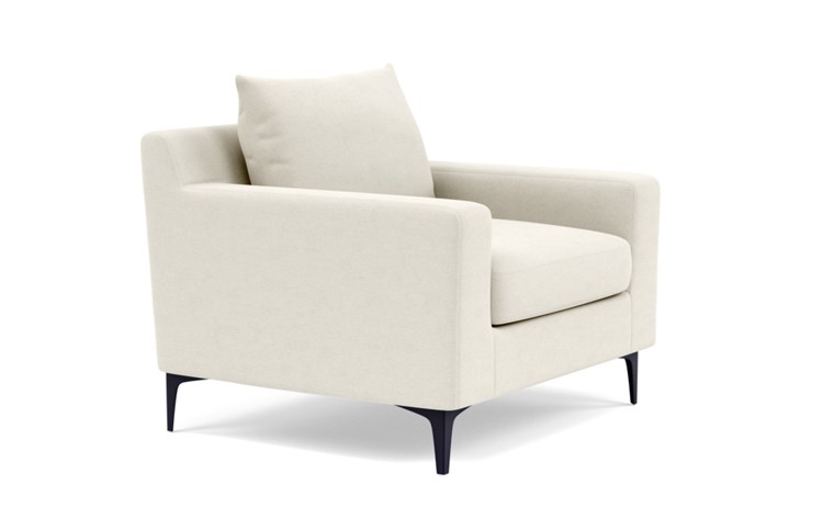 Sloan Accent Chair with White Chalk Fabric, down alternative cushions, and Matte Black legs - Image 1