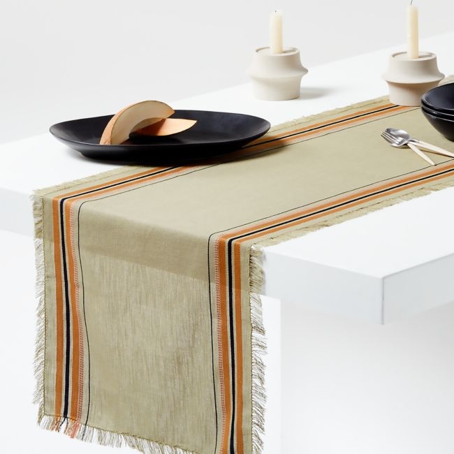 Craft 120" Green Stripe Organic Cotton Fringe Table Runner - Image 0