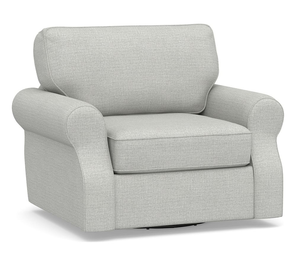 SoMa Fremont Roll Arm Upholstered Swivel Armchair, Polyester Wrapped Cushions, Basketweave Slub Ash - Image 0