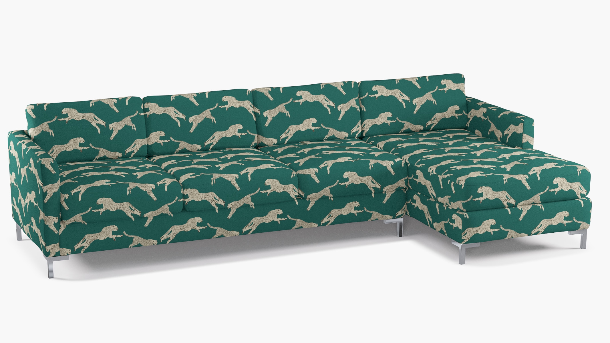 Modern Sectional, Right Facing, Polo Green Cheetah, Chrome L Leg - Image 1