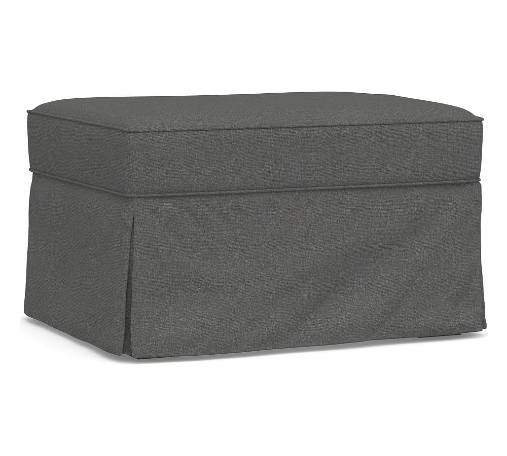 PB Comfort Slipcovered Ottoman, Polyester Wrapped Cushions, Park Weave Charcoal - Image 0