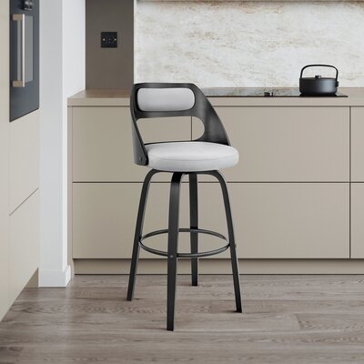 Bareen 26" Gray Faux Leather And Black Wood Bar Stool - Image 0