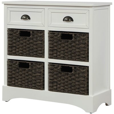 Rustic Storage Cabinet With Two Drawers And Four Classic Rattan Basket For Kitchen/Dining Room/Entryway/Living Room, Accent Furniture (White Washed) - Image 0