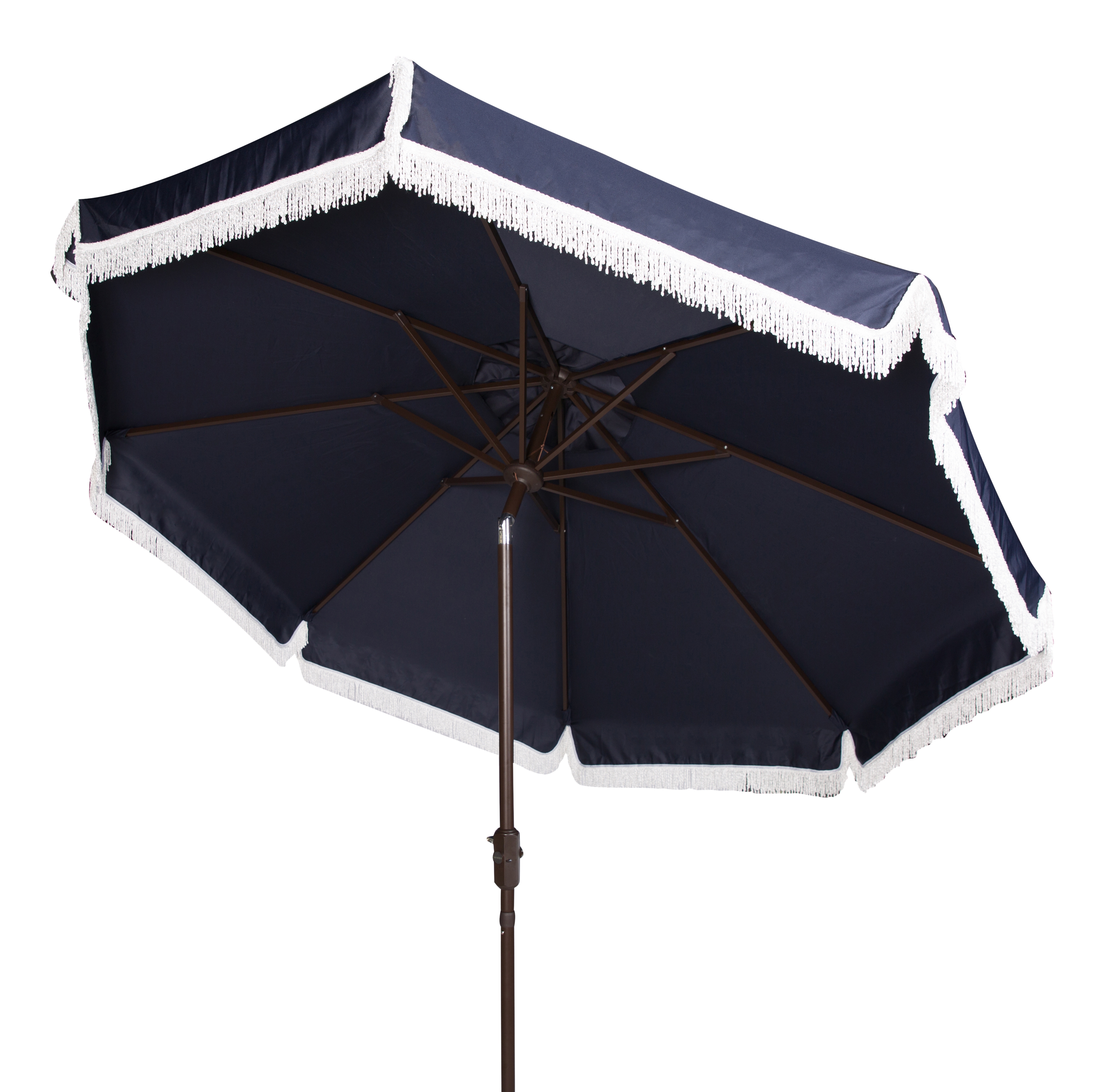 Milan Fringe 9Ft Crank Outdoor Push Button Tilt Umbrella - Navy/White - Arlo Home - Image 1