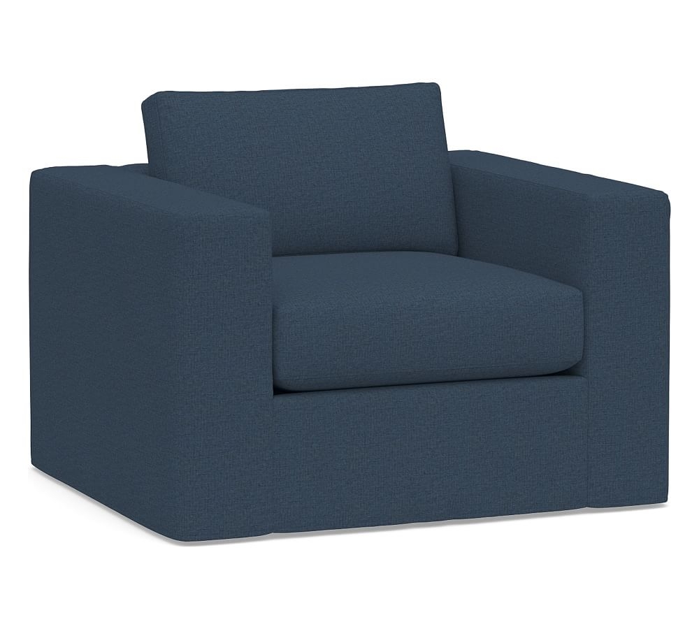 Carmel Square Arm Slipcovered Swivel Armchair, Down Blend Wrapped Cushions, Brushed Crossweave Navy - Image 0
