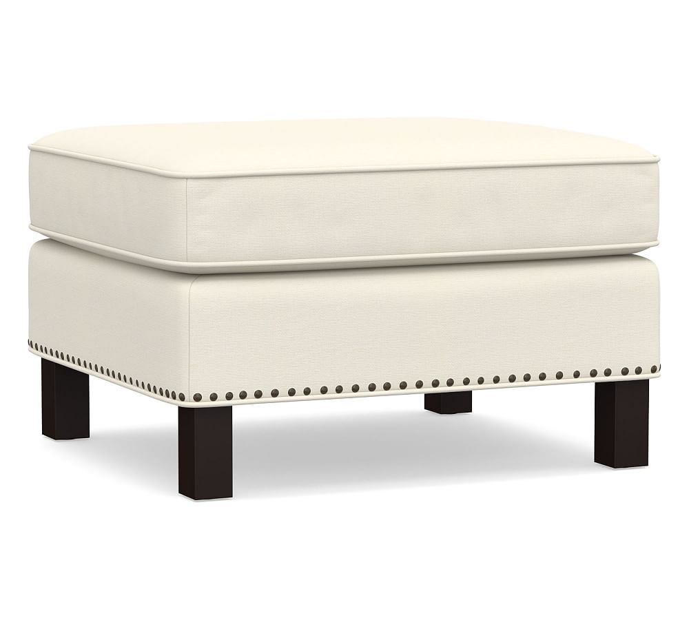 Tyler Square Arm Upholstered Ottoman with Bronze Nailheads, Polyester Wrapped Cushions, Textured Twill Ivory - Image 0