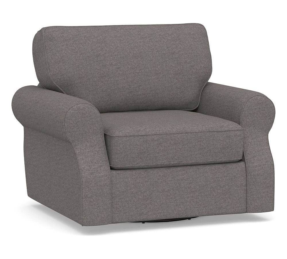 SoMa Fremont Roll Arm Upholstered Swivel Armchair, Polyester Wrapped Cushions, Brushed Crossweave Charcoal - Image 0