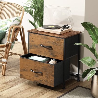 Nightstand, 2 Drawer Dresser For Bedroom, Small Dresser With 2 Drawers, Bedside Furniture, Night Stand, End Table With Fabric Bins For Bedroom, Living Room, Dorm, Rustic Brown Wood Grain Print - Image 0