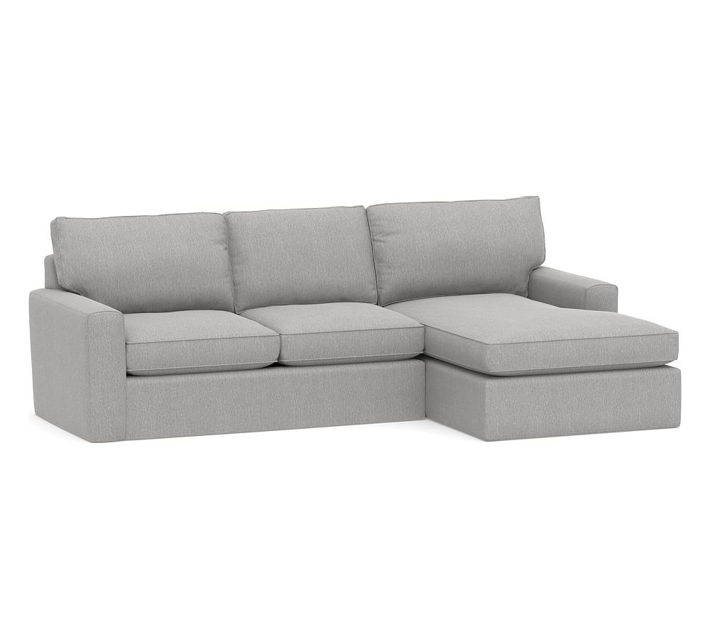 Pearce Square Arm Slipcovered Left Arm Loveseat with Double Chaise Sectional, Down Blend Wrapped Cushions, Sunbrella(R) Performance Chenille Fog - Image 0