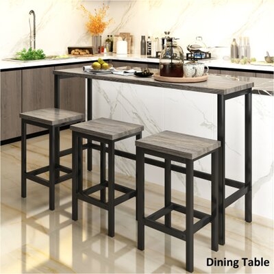 Extra Long Dining Table Set With 3 Stools Pub Kitchen Set Side Table With Footrest, Gray - Image 0