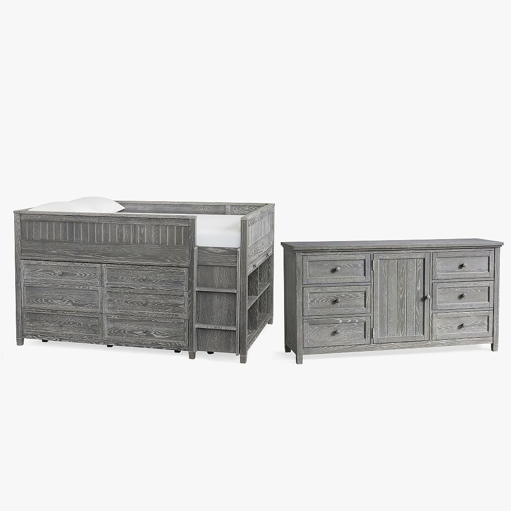 Beadboard Low Loft Bed & 6 Drawer Dresser Set, Full, Smoked Charcoal, In-Home - Image 0