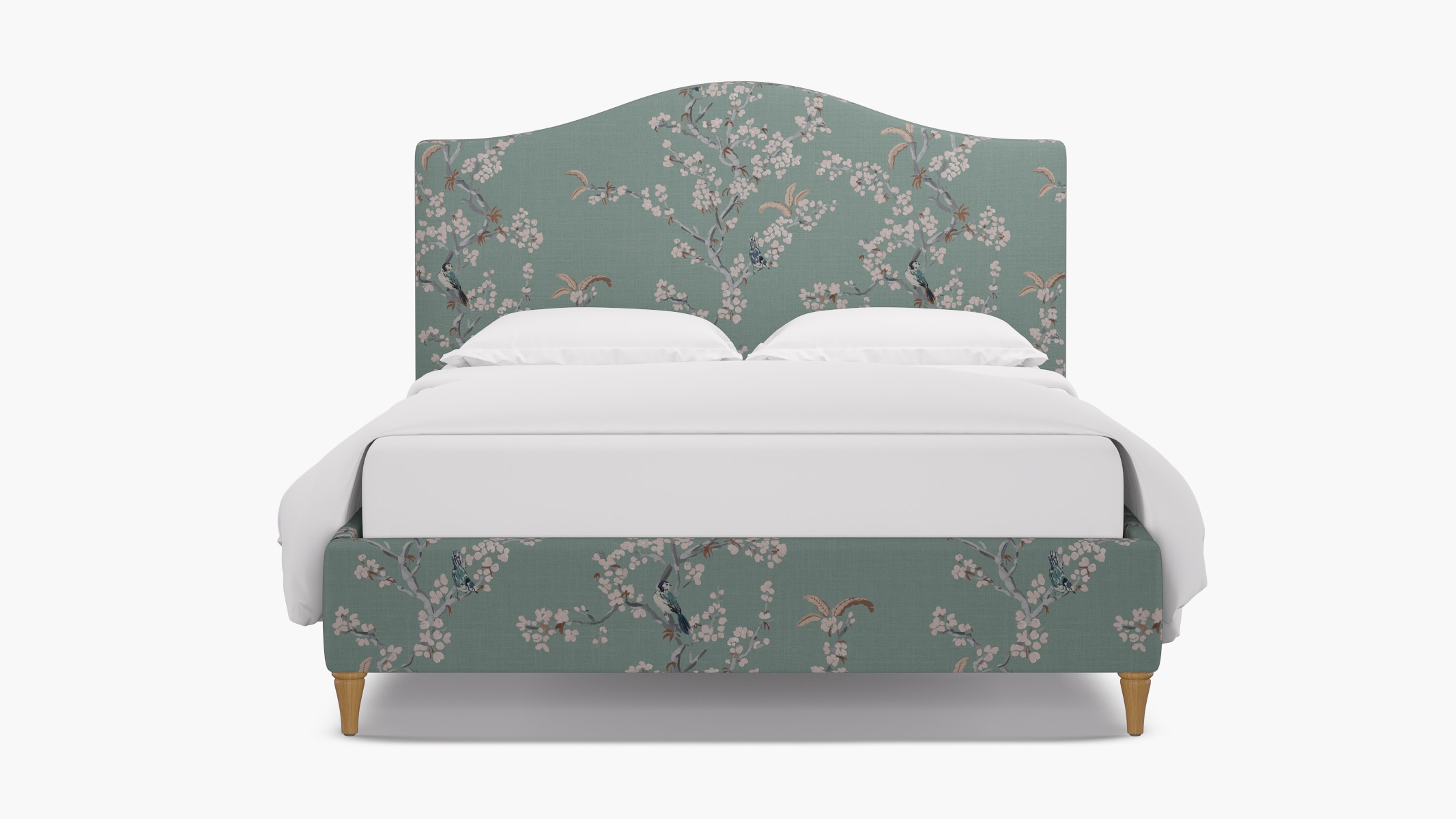 Camelback Bed, Mint Cherry Blossom, Natural Decorative Tapered Leg, Twin - Image 0