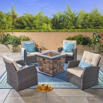 Loganville 5 Piece Rattan Sofa Seating Group with Cushions and Fire Pit - Image 0
