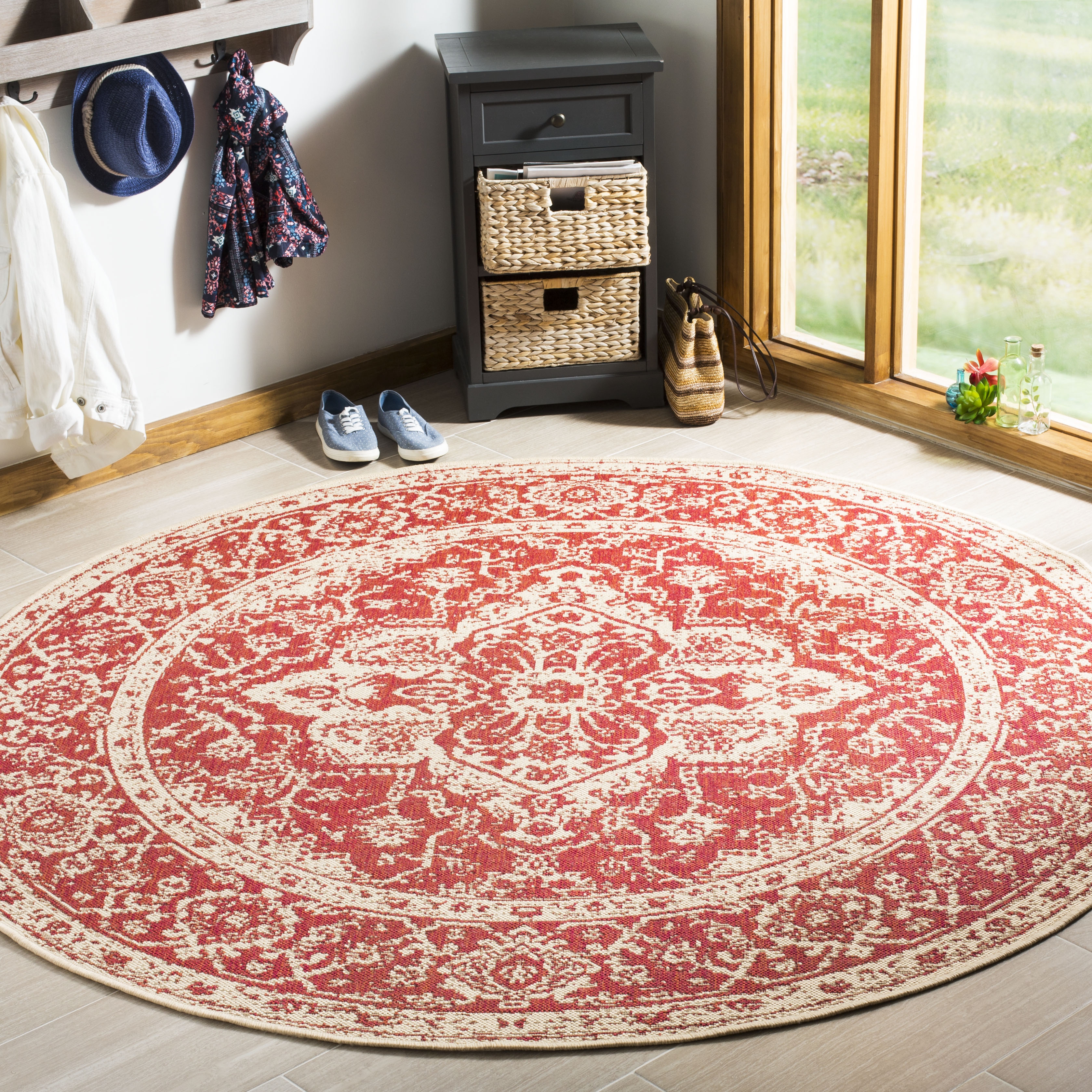 Arlo Home Indoor/Outdoor Woven Area Rug, LND137Q, Red/Cream,  6' 7" X 6' 7" Round - Image 1