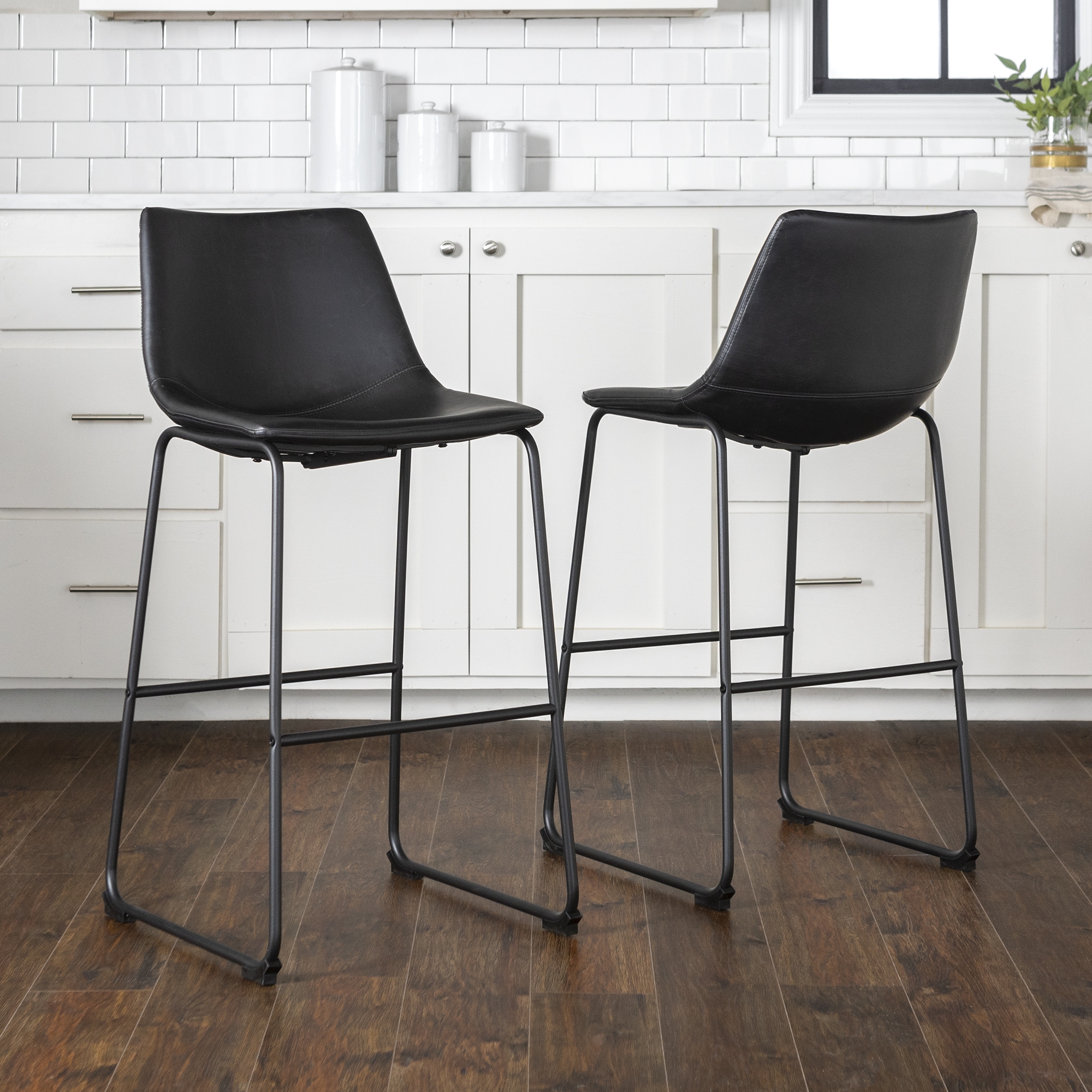 30" Industrial Faux Leather Barstools, Set of 2 - Black - Image 5
