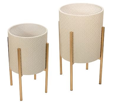 Leah White Patterned Raised Planters with Gold Stand, Set of 2 - Image 0