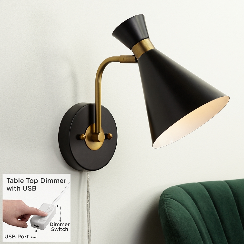 360 Lighting Venice Matte Black Cone Plug-In Wall Lamps Set of 2 - Image 1