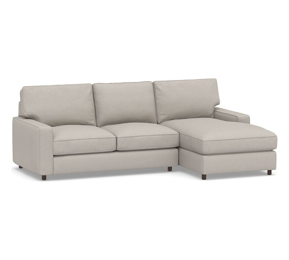PB Comfort Square Arm Upholstered Left Arm Loveseat with Chaise Sectional, Box Edge, Down Blend Wrapped Cushions, Chunky Basketweave Stone - Image 0
