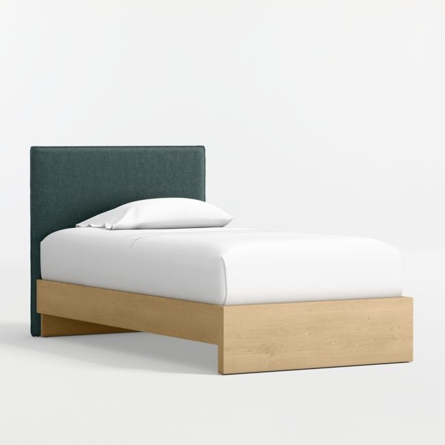 Noa Jungle Green Upholstered Flange Kids Twin Headboard with Natural Wood Base - Image 0