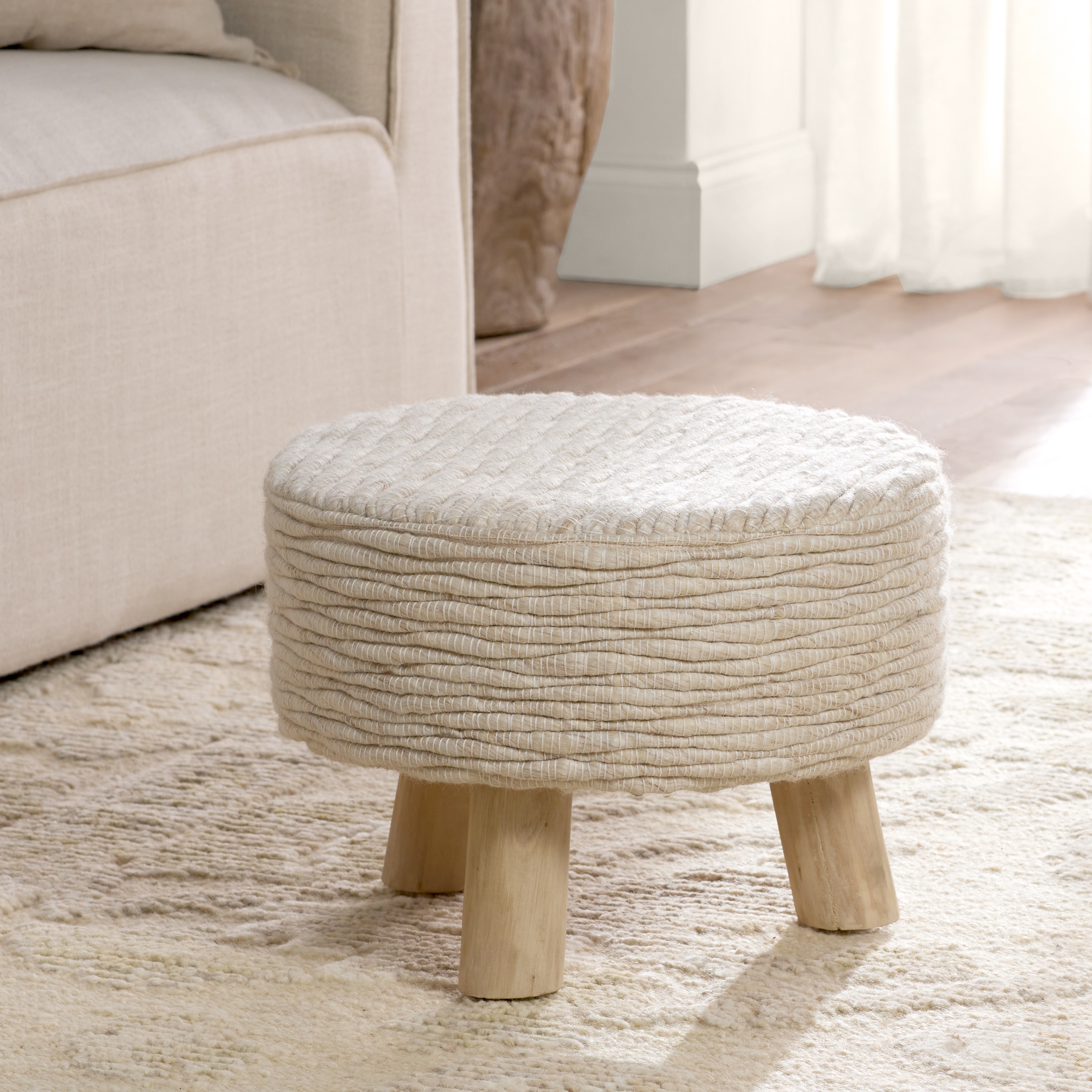 Lavise PNA01 Handmade Solid Cream And White Round Stool (16"x16"x12") - Image 2