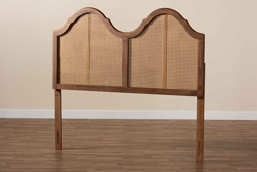 Hazel Vintage Classic and Traditional Ash Walnut Finished Wood and Synthetic Rattan King Size Arched Headboard - Image 4