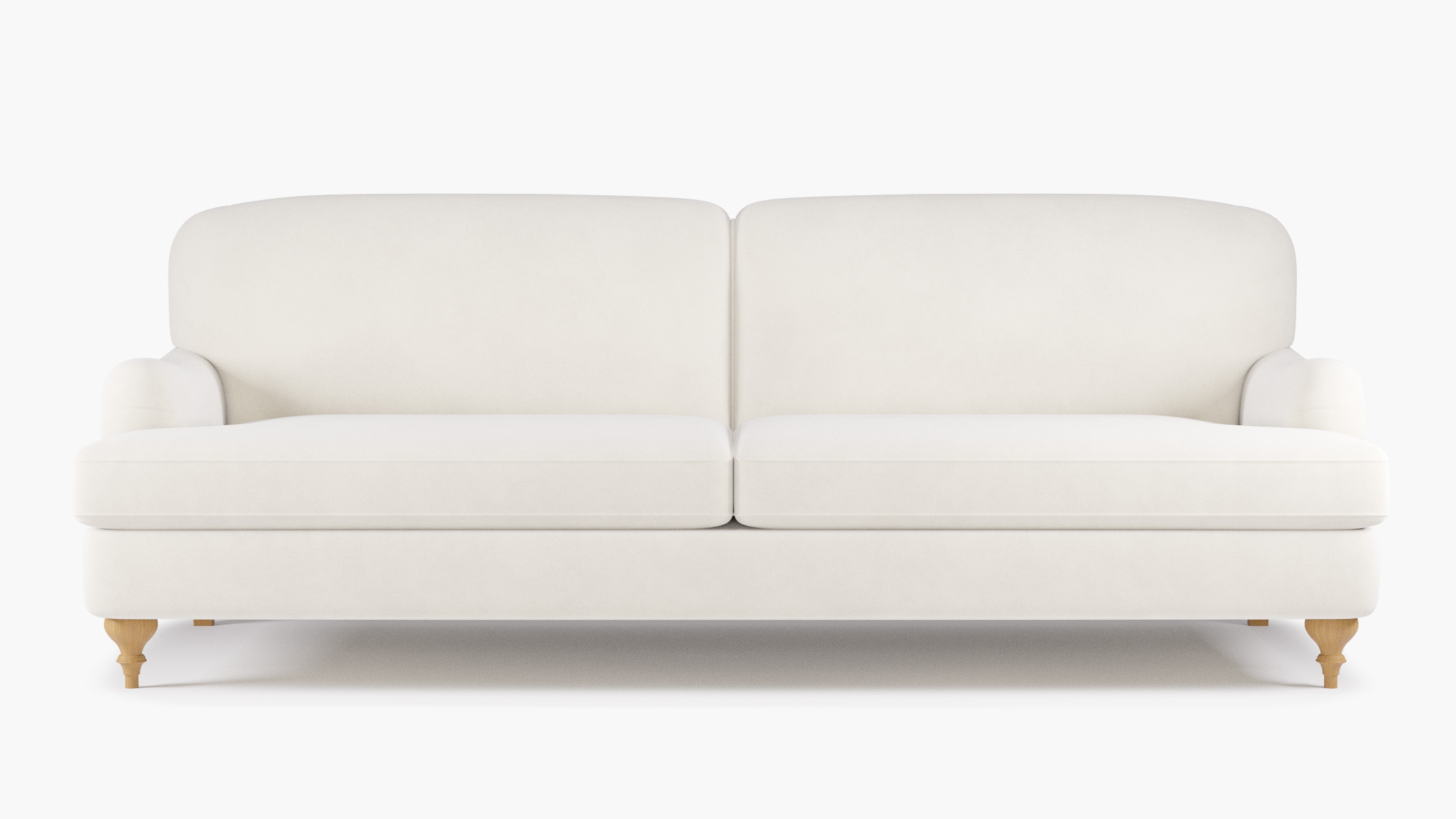 English Roll Arm Sofa, White Performance Velvet, Natural Turned Wood Leg - Image 0