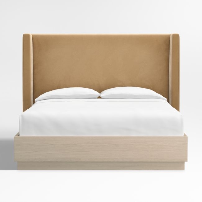 Arden 52" Camel Brown Upholstered Queen Headboard with Batten White Oak Bed Base - Image 0