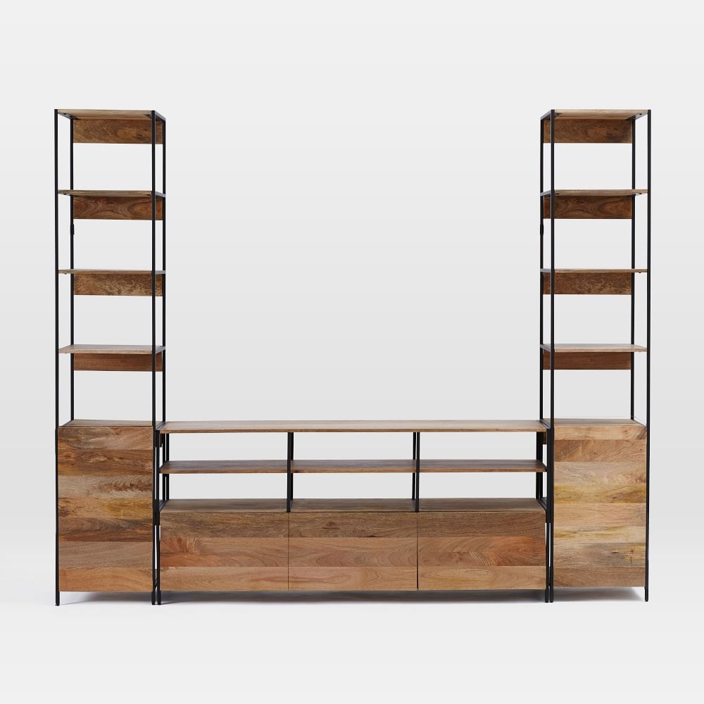 Industrial (67") Media and Set of 2 (17") Open + Closed Bookshelves, Mango - Image 0