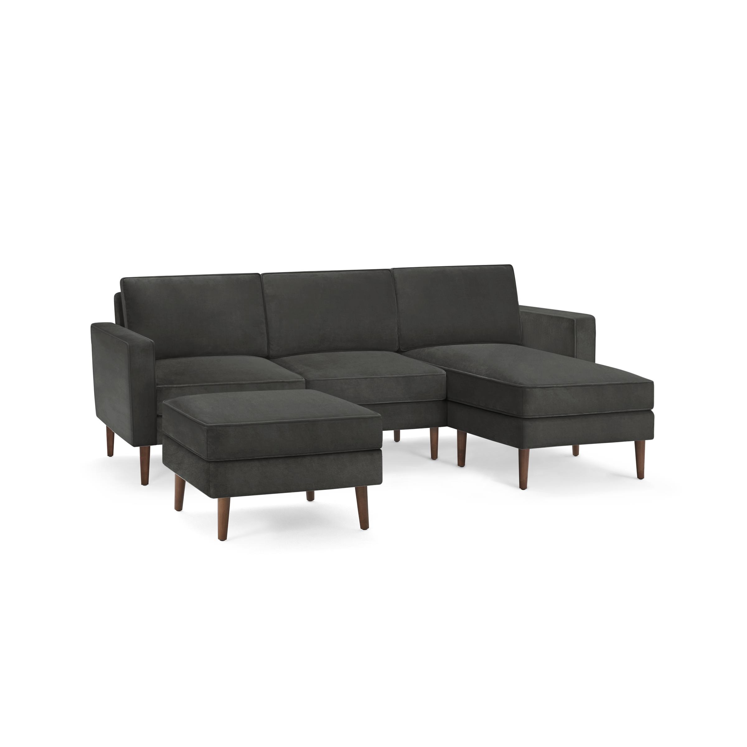Nomad Velvet Sofa with Reversible Chaise and Ottoman - Graphite Grey - Performance Velvet / Walnut - Wood - Image 0