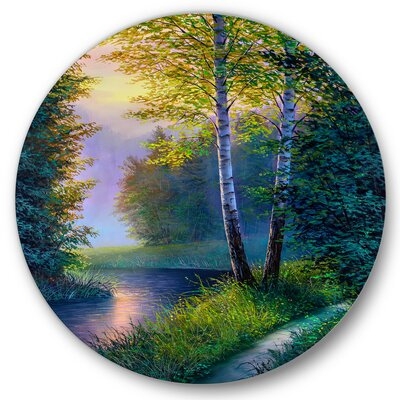 Morning Sunlight Through The Birch Forest - Lake House Metal Circle Wall Art - Image 0