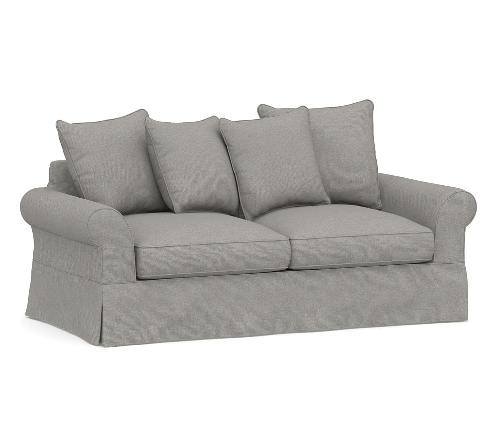 PB Comfort Roll Arm Slipcovered Sofa 82", 2X2, Box Edge, Down Blend Wrapped Cushions, Performance Heathered Basketweave Platinum - Image 0