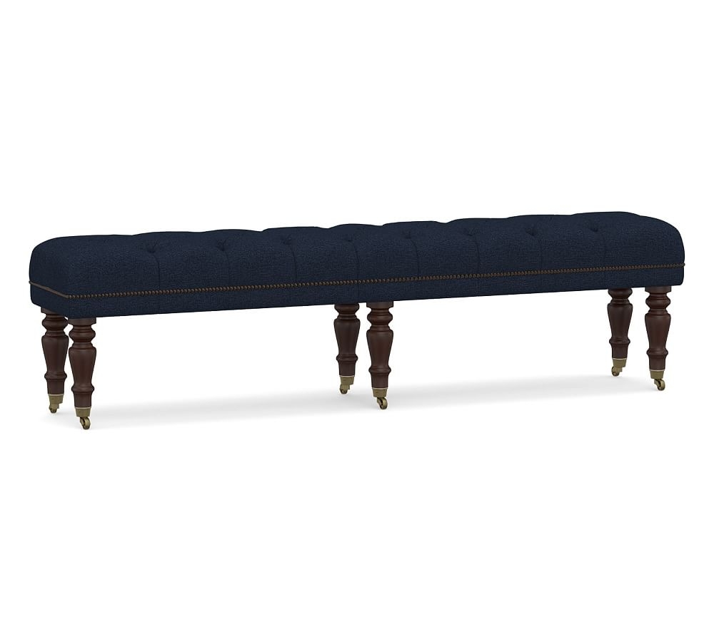 Raleigh Upholstered Tufted King Bench with Mahogany Legs & Bronze Nailheads, Performance Heathered Basketweave Navy - Image 0
