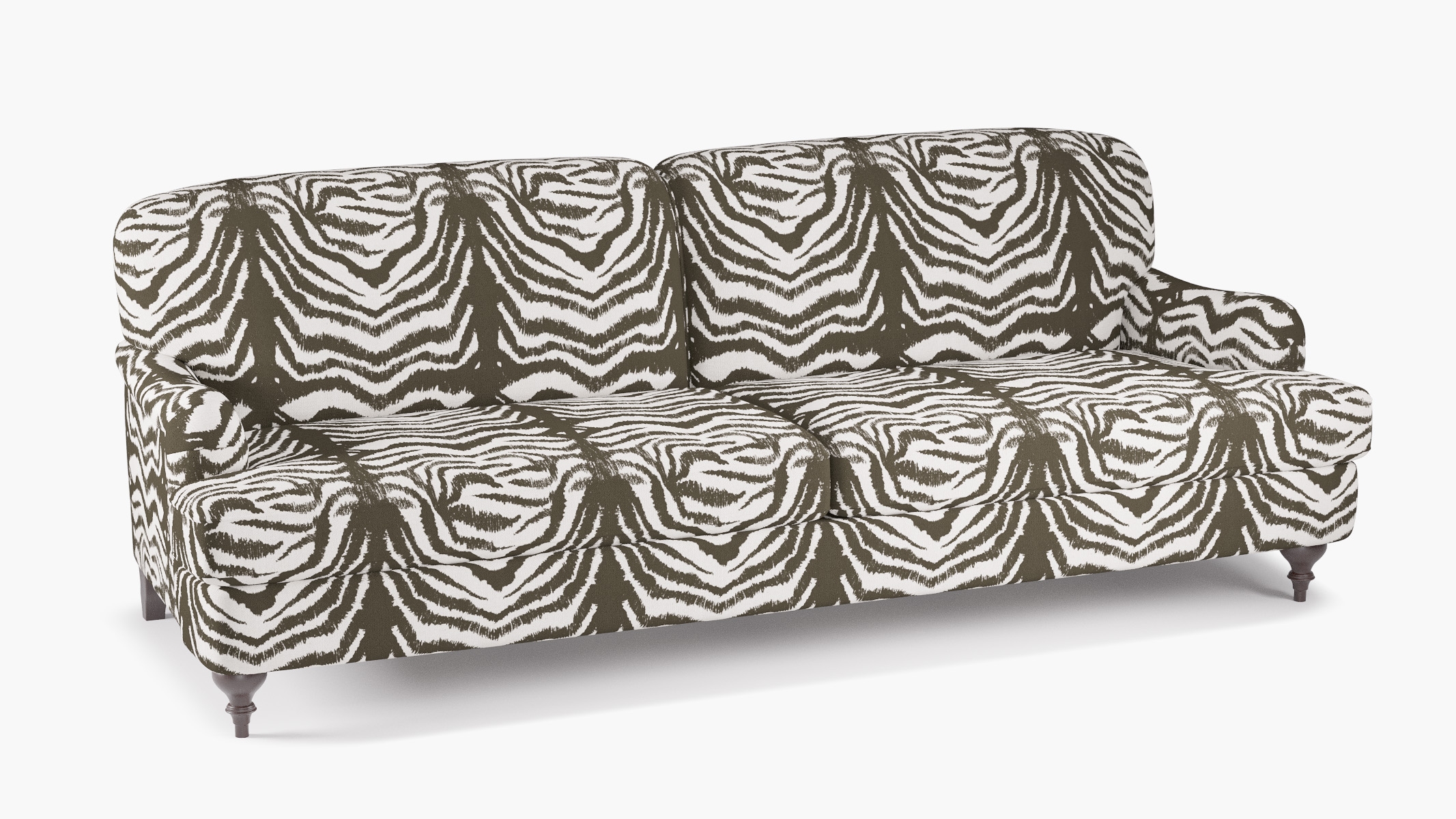 English Roll Arm Sofa, Zebra, Espresso Turned Wood Leg - Image 1