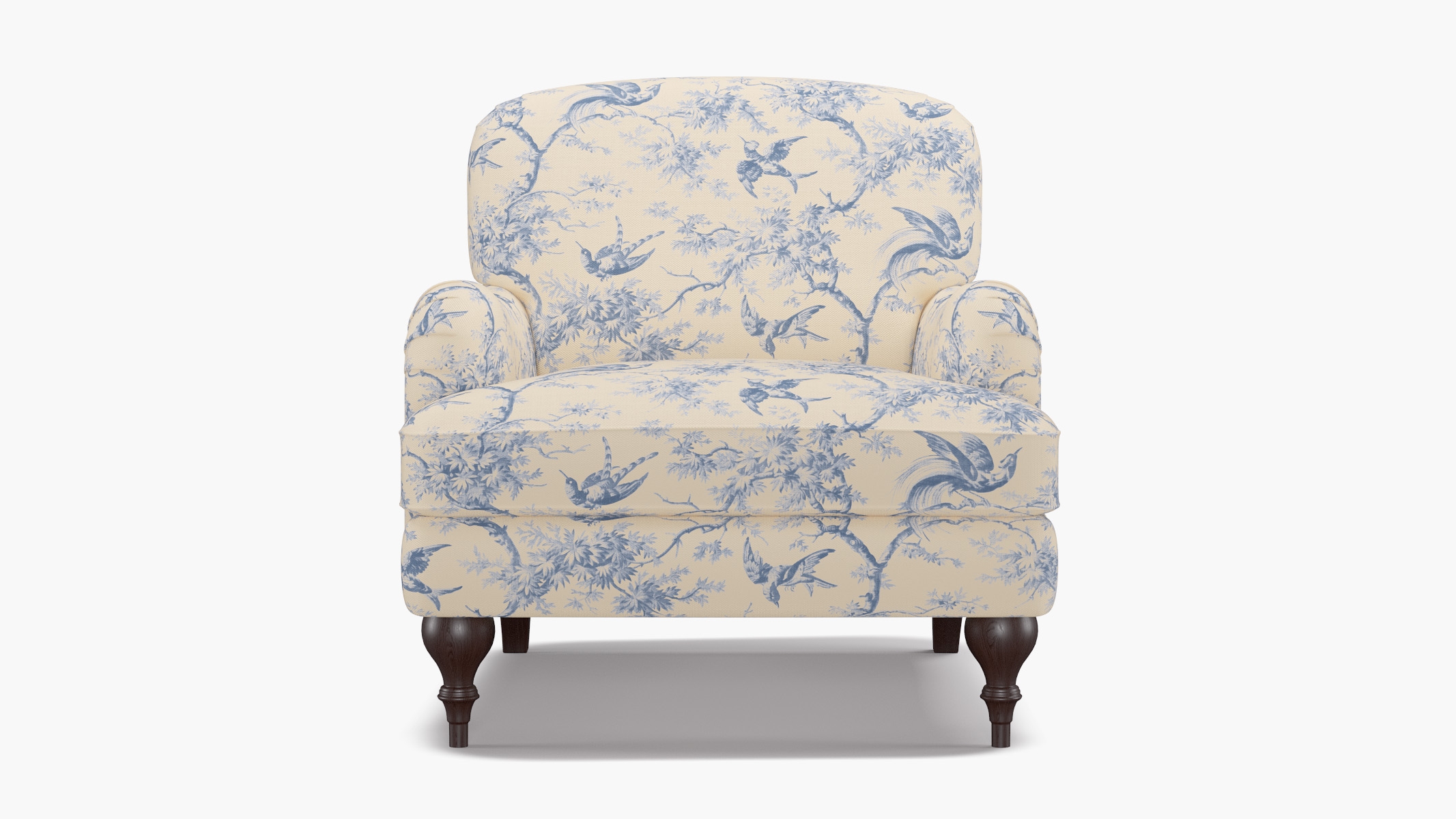 English Roll Arm Chair, Blue Swallows, Espresso Turned Wood Leg - Image 0